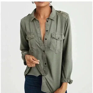 American Eagle Olive Green Button Down Utility Boyfriend Fit Shirt Size XS